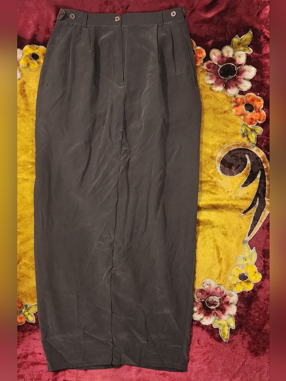 100% Silk High-Waist Brown Pencil Maxi Skirt with Button Details -August Silk